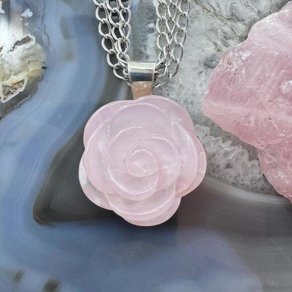 Carolyn Pollack Sterling Carved Rose Quartz Rose Pendant With Chain Necklace - Picture 2 of 10